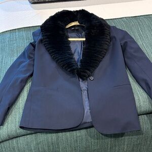 Elizabeth and James Navy Blazer with Black Fur Collar